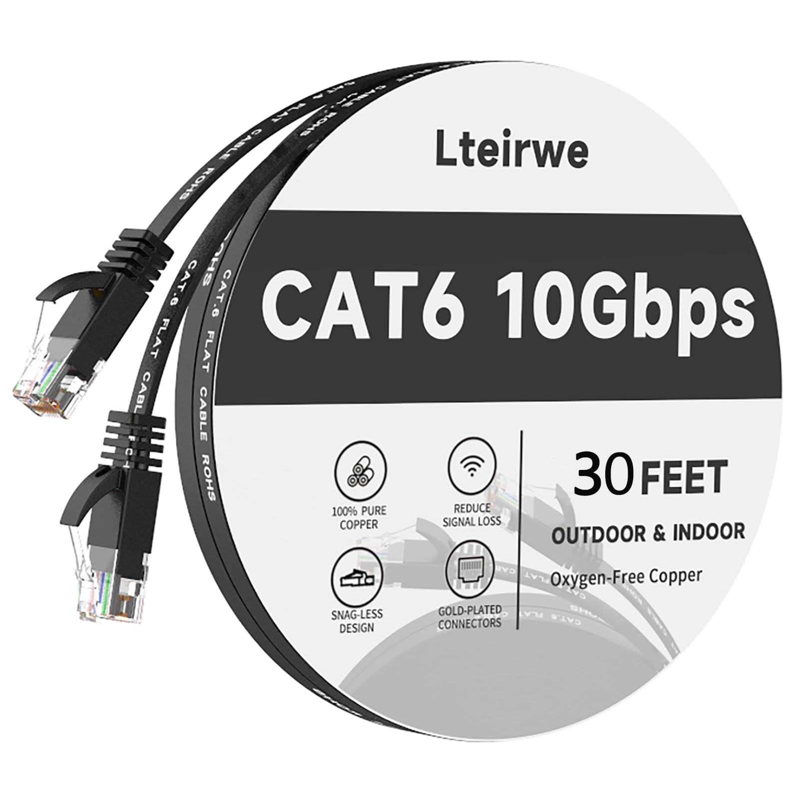 Lteirwe CAT6 Ethernet Cable 30FT High Speed Flat 500MHz Bandwidth Transmission Speed 10Gbps, Faster Than Cat 5e/CAT5. Widely Used in Computers, laptops and Other Devices Black-30Foot