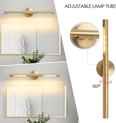 Miniatura 5 de Munbea Moderno aplique de pared dorado, accesorio de iluminación de baño de 24 pulgadas sobre espejo, luz giratoria de latón de 360 .