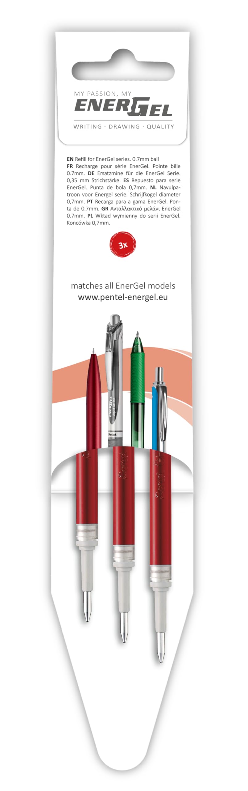 Pentel EnerGel LR7 wkład wieczny, końcówka 3 szt., czerwony
