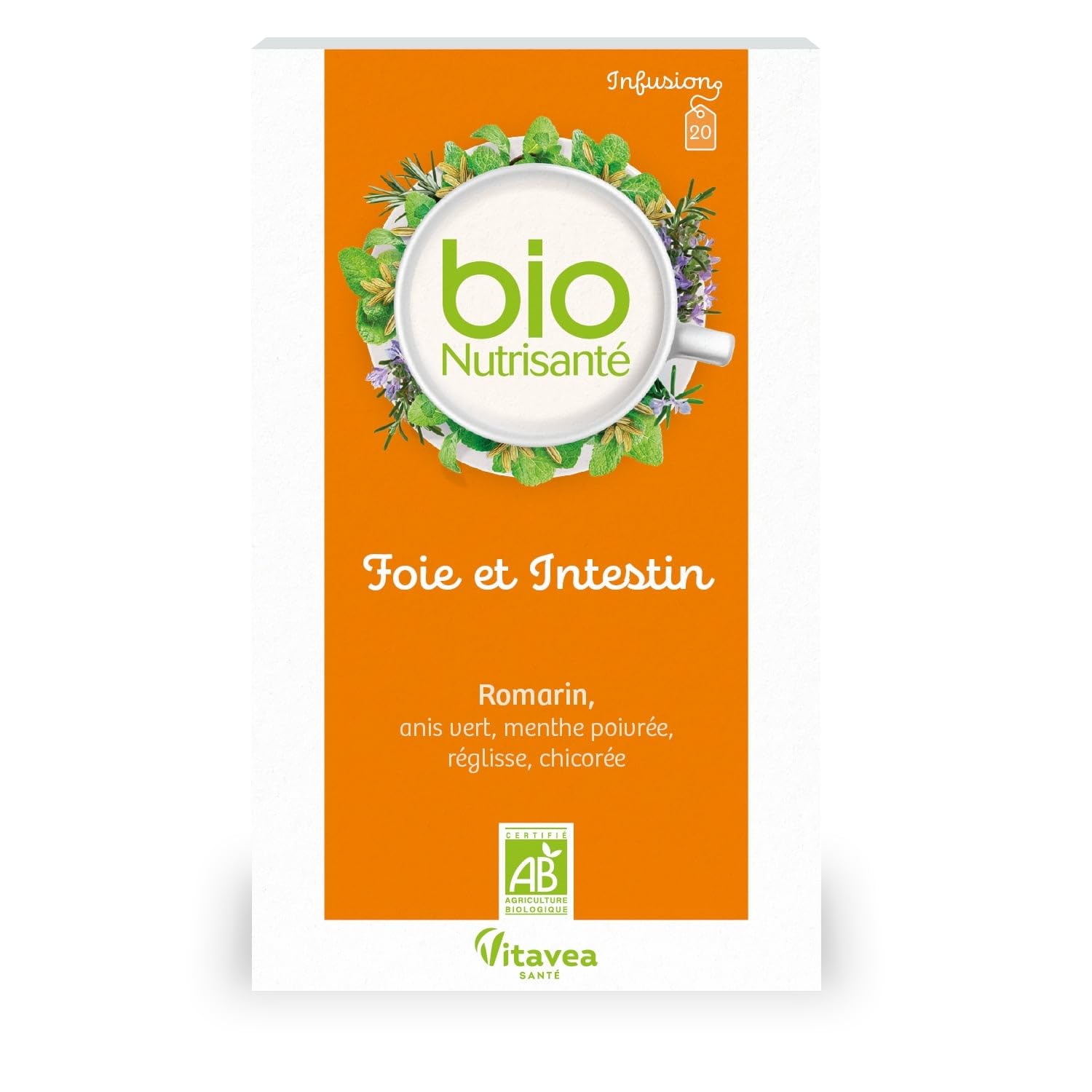 NUTRISANTE Infusion Bio Foie et Intestin — 20 Sachets — Romarin, Anis Vert, Menthe Poivrée, Réglisse et Chicorée - Lot de 3