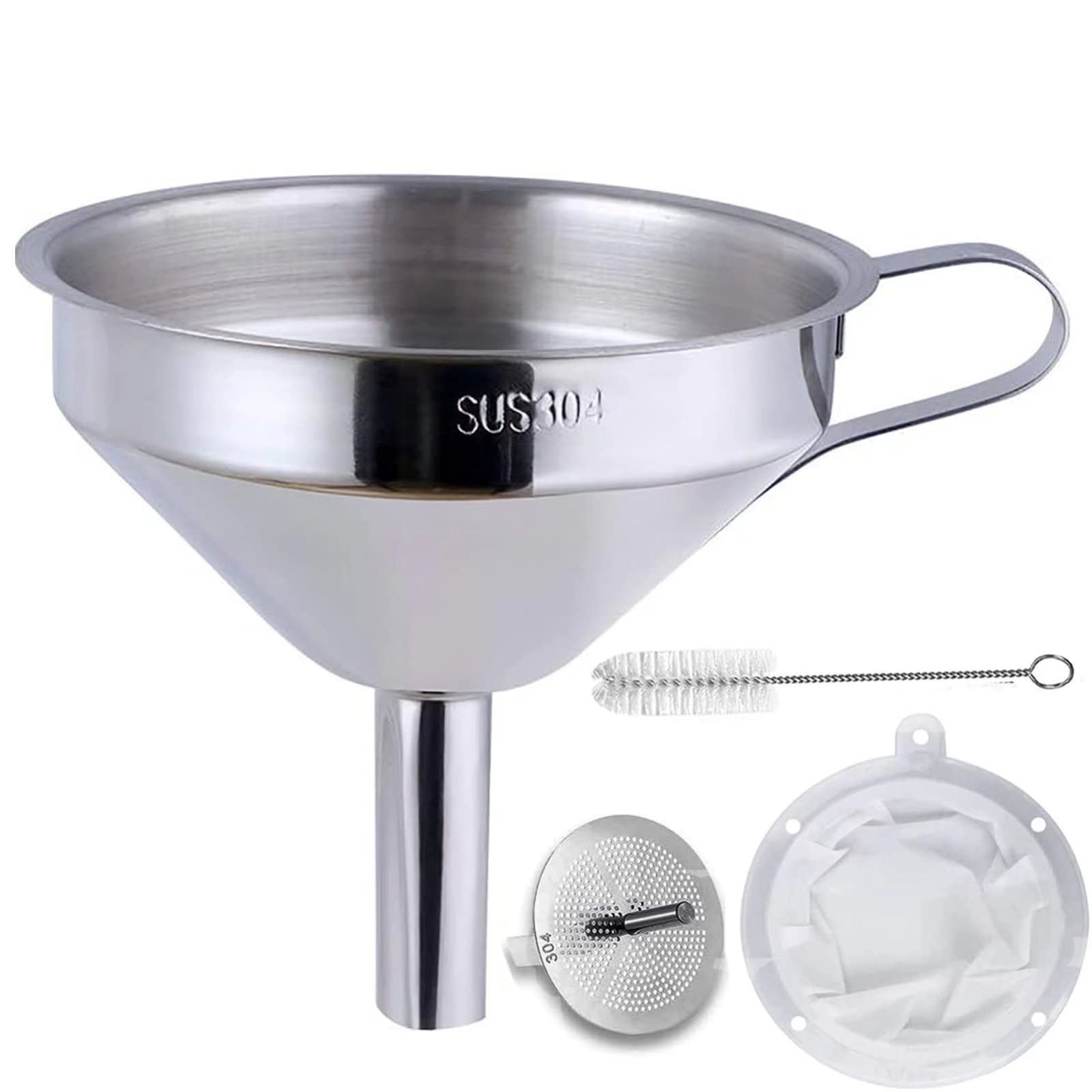 Kitchen Stainless Steel Funnel 5 Inch Small Home Funnel Silver Metal Funnel Food Grade Safe Material with 2 Pcs Detachable Filter and 1 Pcs Cleaning Brush Perfect for Transfer Liquids, Powders -Silver