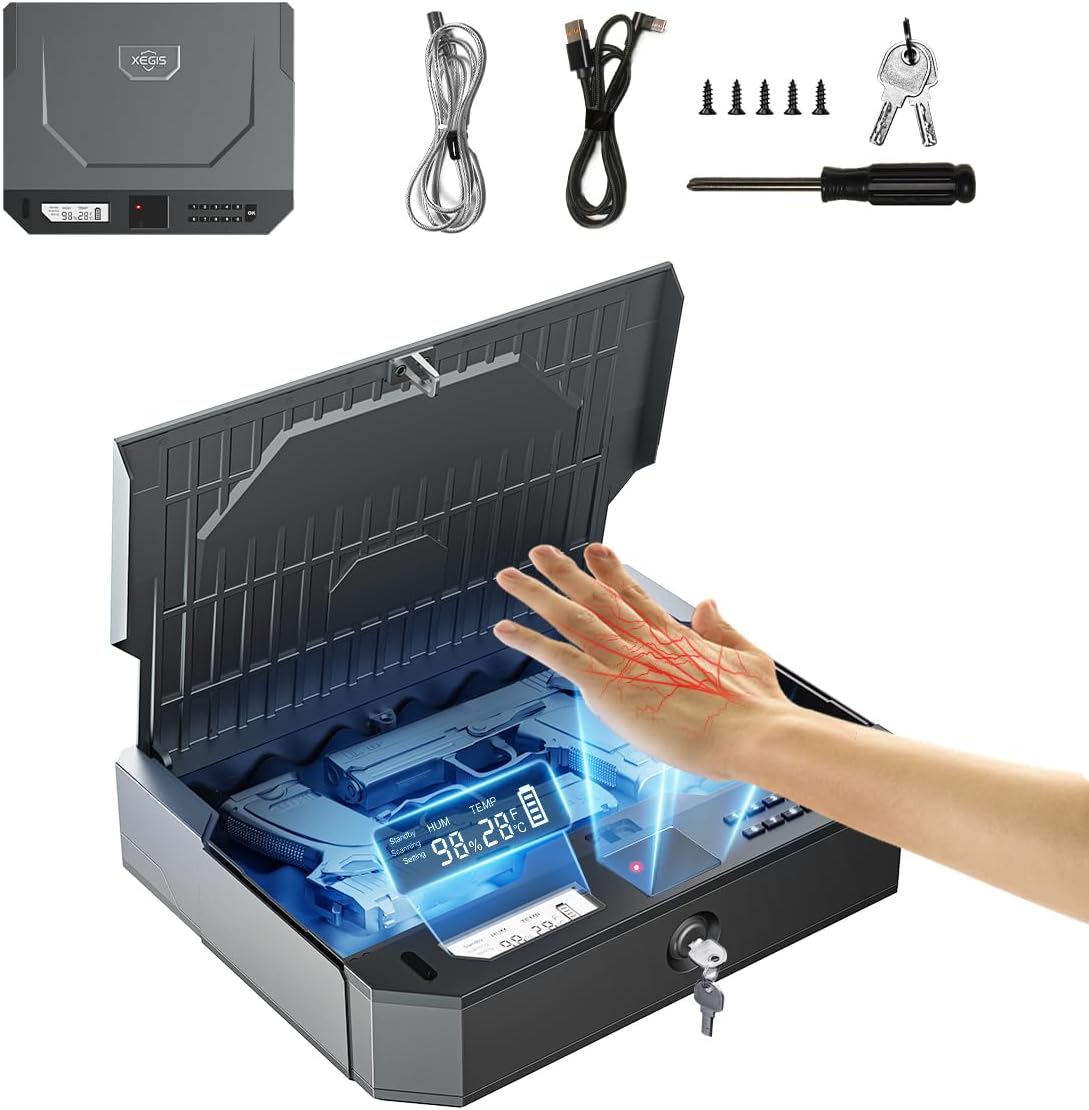 World's 1st Palm Vein Biometric Gun Safe [0.09s Smart Unlock] [10X Military Anti-Pry/Drop] Handgun Pistol Safe with Keypad+Key Lock for Home Nightstand Bedside