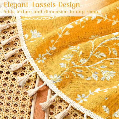 Image of Yinhua Boho Kitchen Curtains 36 Inch Length Vintage Linen Cafe Curtains Light Filtering Bohemian Floral Tier Rod Pocket Farmhouse Rustic Tassel Small Drapes with Tiebacks, 2 Panels, Yellow