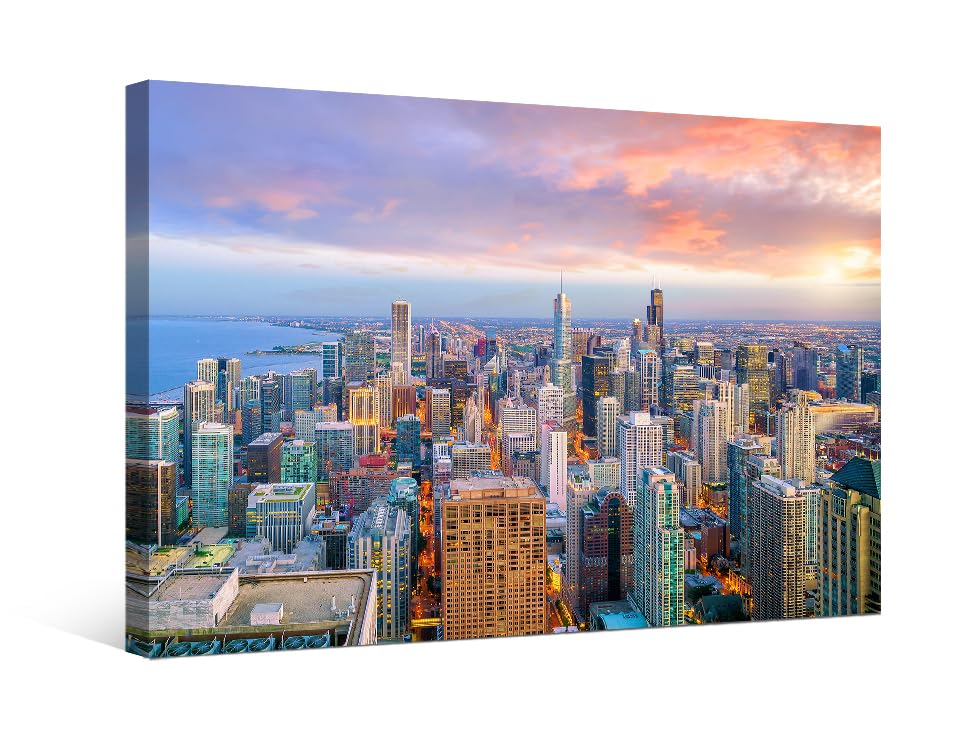 LSIUHWUWI Beautiful Chicago Skyline Wall Art, Posters and Prints, Chicago Downtown Skyline at Sunset Bedroom Decor Wall Art, 1 Panel Wall Decor for