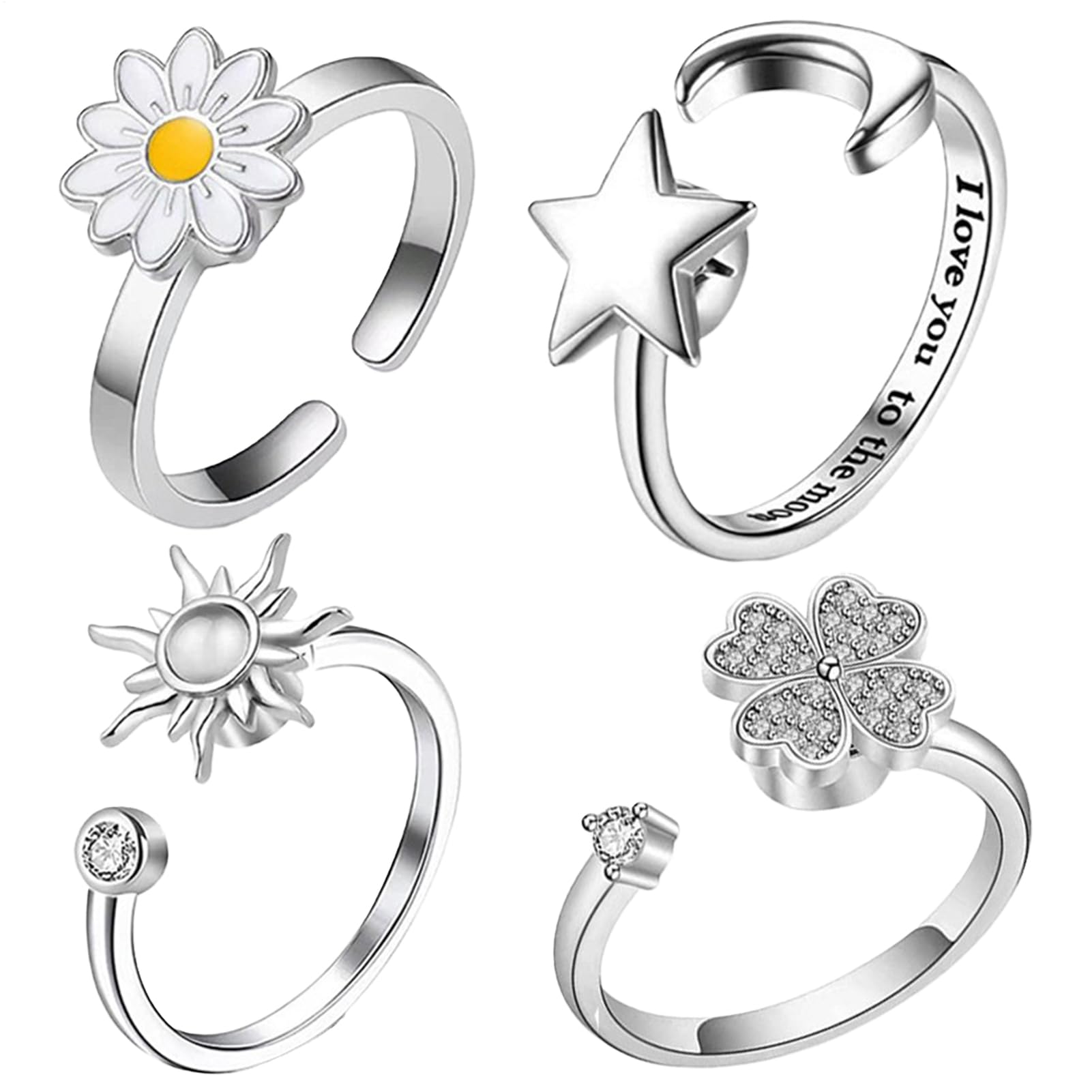 Fidget Rings, Spinner Jewelry, Fidget Rings do ?agodzenia stresu, 4-cz??ciowy zestaw z motywami ksi??yca, s?o?ca i kwiatów, ?atwe w u?yciu ?dzie do modowania, stylowe akcesoria dla dziewcz?t, nast