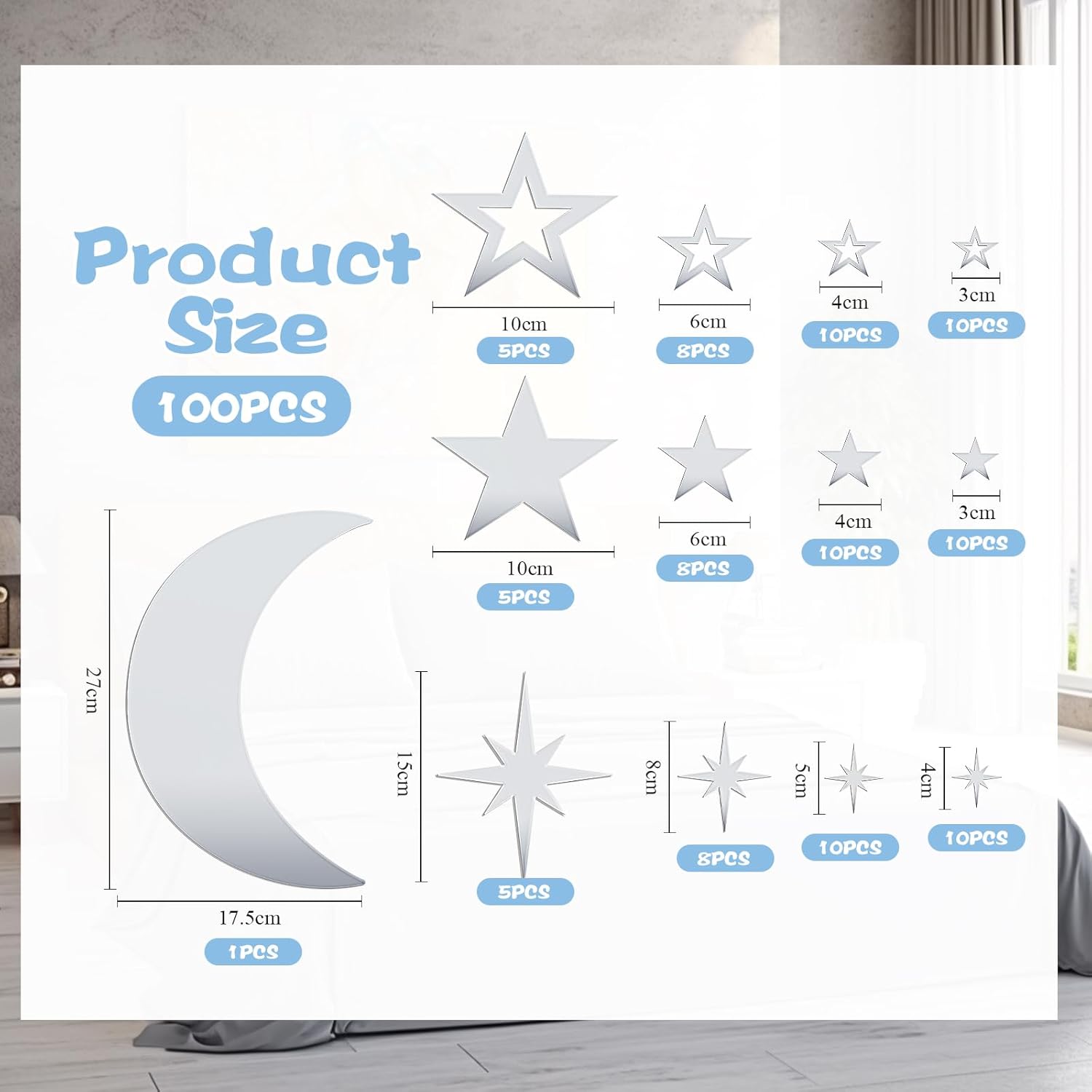 Shappy 100 Pcs Acrylic Moon Star Mirror Wall Stickers Decal 3D Acrylic Mirror Stickers Removable Decal for Room Good Night Nursery House Bedroom Wall Decor(Silver)