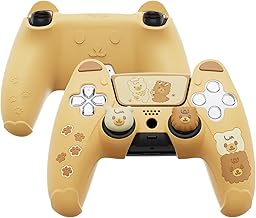 PlayVital Coque pour ps5 Manette Housse Silicone Protection avec Capuchon pour ps5 et Autocollant Sticker Accessoire Protège Compatible Station de Charge,Ours Design-Jaune & Brun