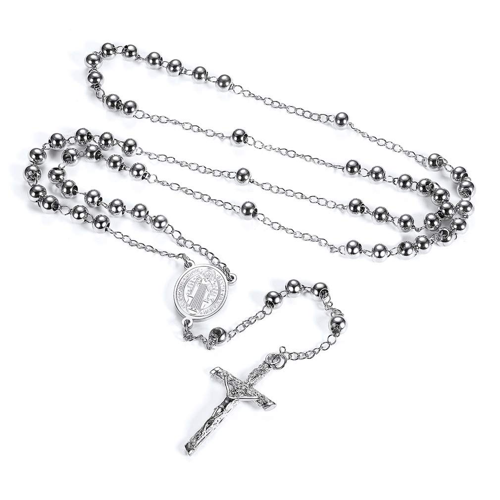 FaithHeart Rosenkranz Kette Damen Herren Kreuzkette Rosenkranzkette Edelstahl Halskette mit Benedikt von Nursia Medaille Gebetskette Lang Rosary Necklace Schutz Amulett Schmuck