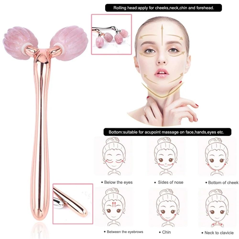 Rullo massaggiatore for Lifting facciale 3D Massaggio facciale 360 ​​Rotazione Pietra Quarzo Rosa Rullo di Giada for Dimagrimento Viso(Rose Gold)