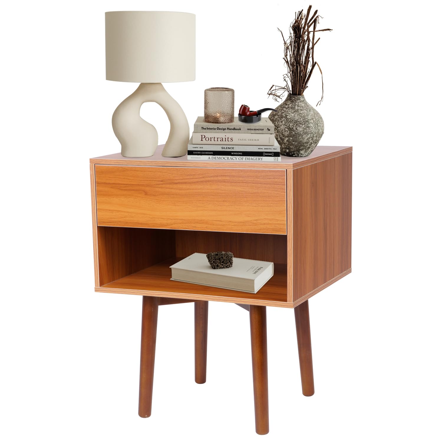 Photo 1 of uyoyous Wood Nightstand Modern Side Table for Bedroom Bedside Mid Century End Table with Drawer with Slide Rail and Shelf, 1 Drawer Caramel