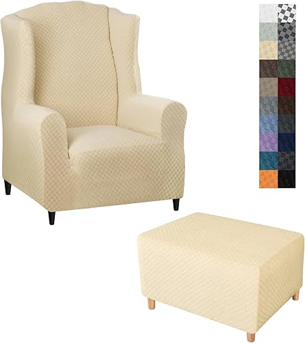 YEMYHOM 1 funda elástica para silla con respaldo de ala + funda otomana de tamaño pequeño (beige)