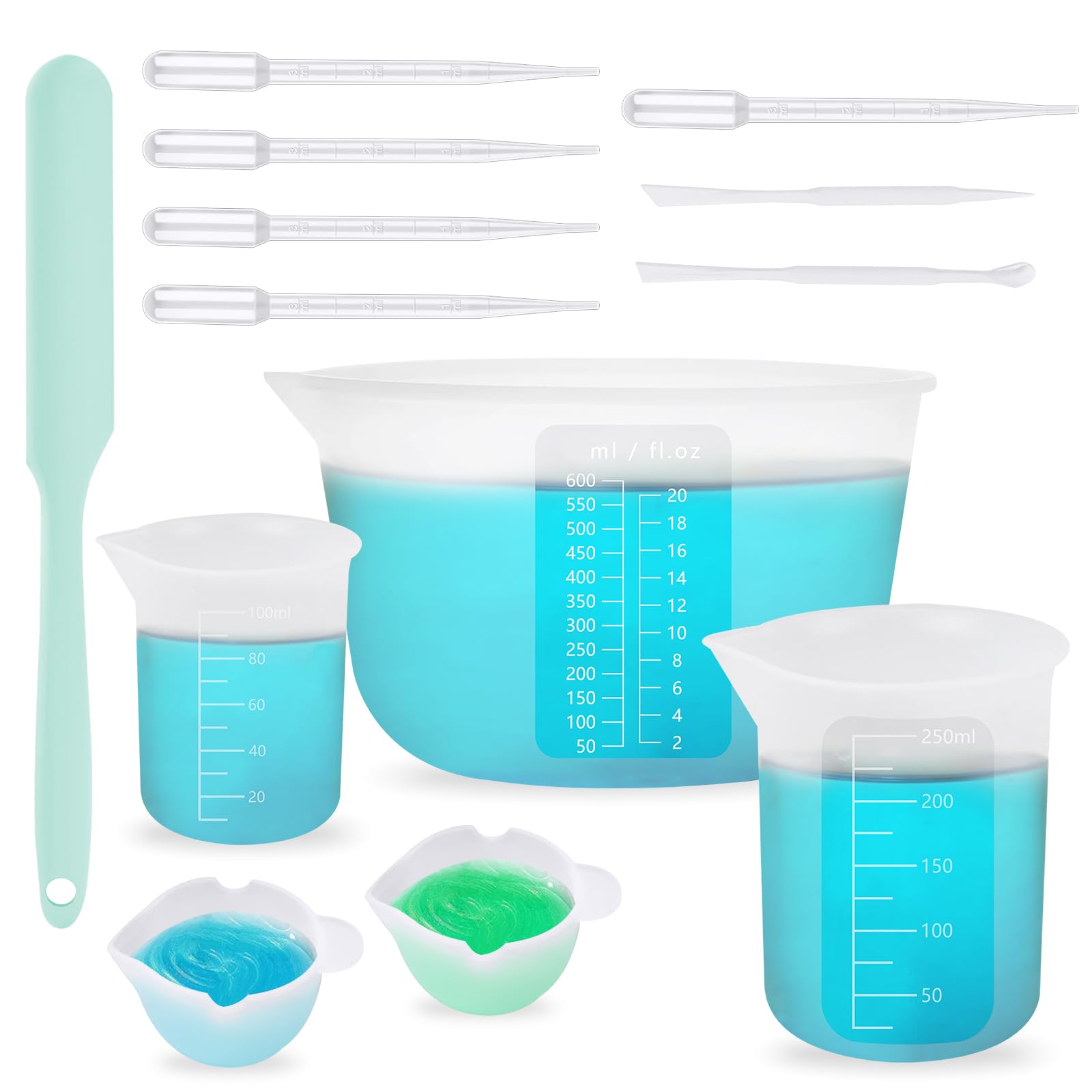 5 silikonowych kubków z miarką, nieprzywierające, 600 ml, 250 ml, 100 ml, z 3 patyczkami do mieszania, 2 szt. kubków dozujących, 5 szt., 3 ml, do mieszania żywicy epoksydowej, form, tworzenia