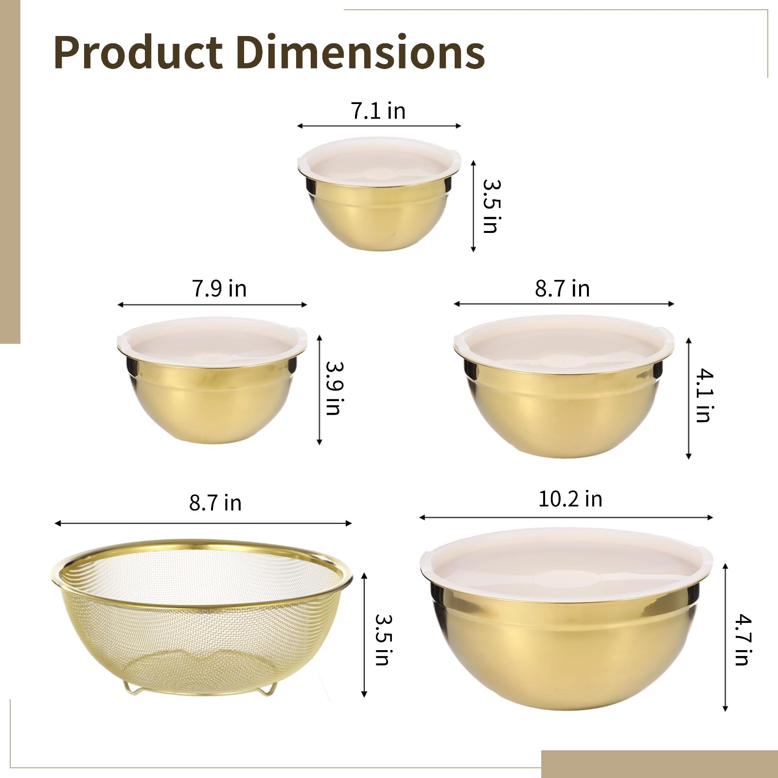 Edelstahl-Rührschüssel-Set, 5-teilig, goldene Salatschüsseln mit Deckel und Sieb, 4 Größen, zum Backen, Vorbereiten von Mahlzeiten und Servieren