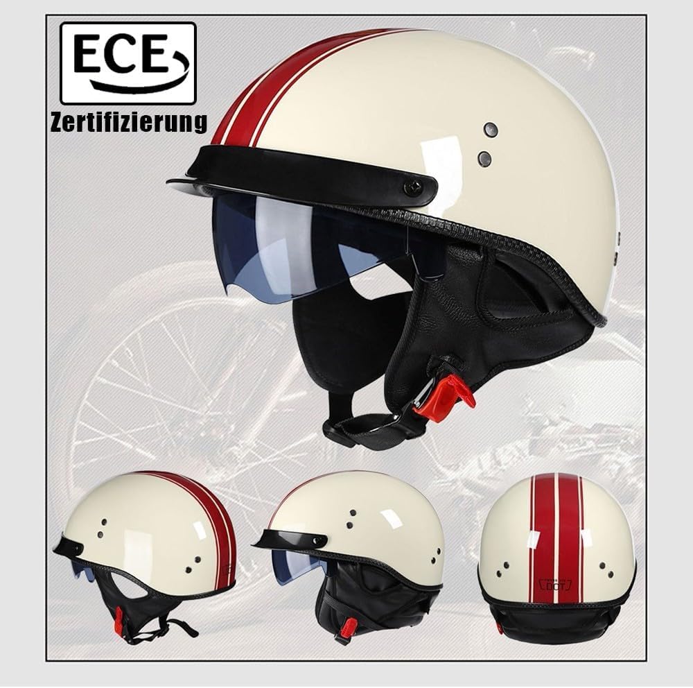 Retro Motorrad Halbhelme Motorradhelm für Herren und Damen ECE-Zertifizierung Jethelm Mit Visier Halbschalenhelm Braincap für Bike Cruiser Chopper Moped Scooter Offenem Helm, M-XXL