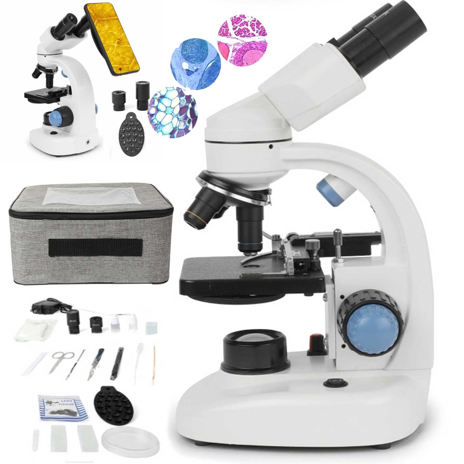 40x-1000x Binocular Microscopes,Magnification Led Binocular Compound Microscope,Professional Compound Microscope With Wide-Field 10x 25x Eyepieces,Microscope Slides,Phone Bracket,White