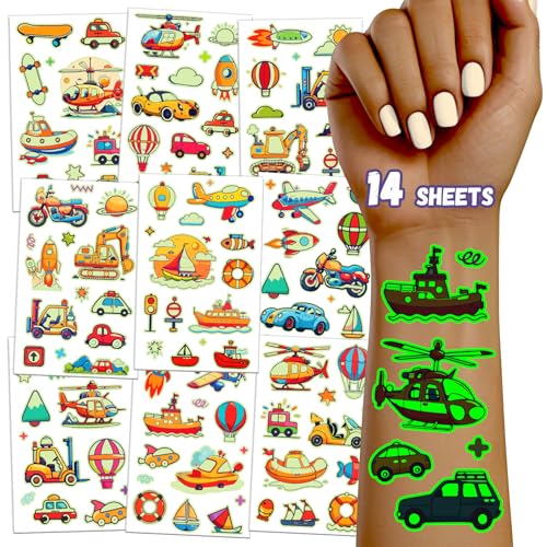 TatoYard Presentes de aniversário para crianças, colégio, 14 folhas tatuagens luminosas crianças e meninas, ananás aniversário infantil, festa aniversário detalhe aniversário infantil (veículos de