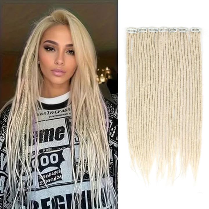 Quisduis 16 Inch Clip in Dreadlocks Hair Extensions, 8PCS 32 Strands Blonde Synthetic Dreas Extensions Handmade Soft Thin Dreadlocks for Women