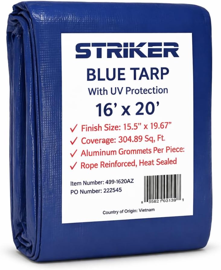Striker Blue Tarp 16' x 20' - All Purpose PE Cover with UV Protection, 26 Rust-Resistant Grommets, and Rope-Reinforced Edges
