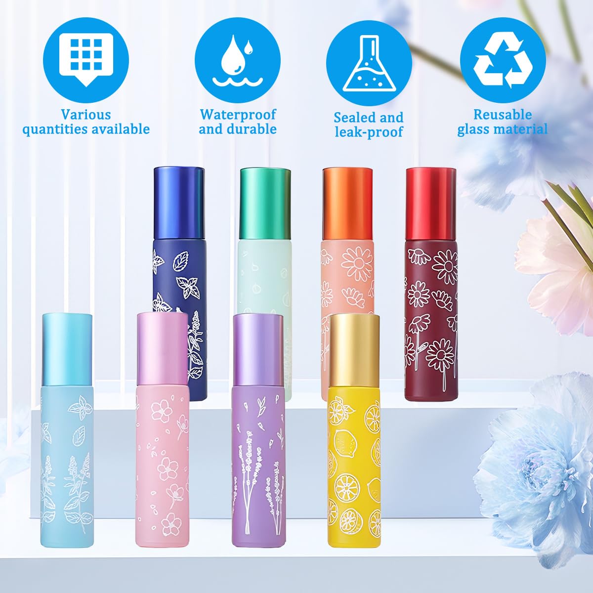 8PCS Flacons Roll-on en Verre 10 ml Flacons Roll-on pour Huiles Essentielles avec 2 Goupillons et 25 Étiquettes Flacon en Verre Vides de 10 ml Flacon Roll-on avec Bille en Acier Inoxydable