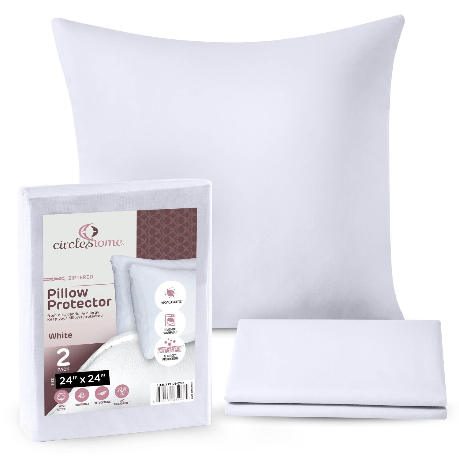 CIRCLESHOME Throw Pillow Protectors - 100% Cotton Breathable Pillowcases - 24 X 24 Square Pillowcases - Protects Pillows from Dirt, Dust and Debris (Square Pillow - 2 Pack- 24x24)