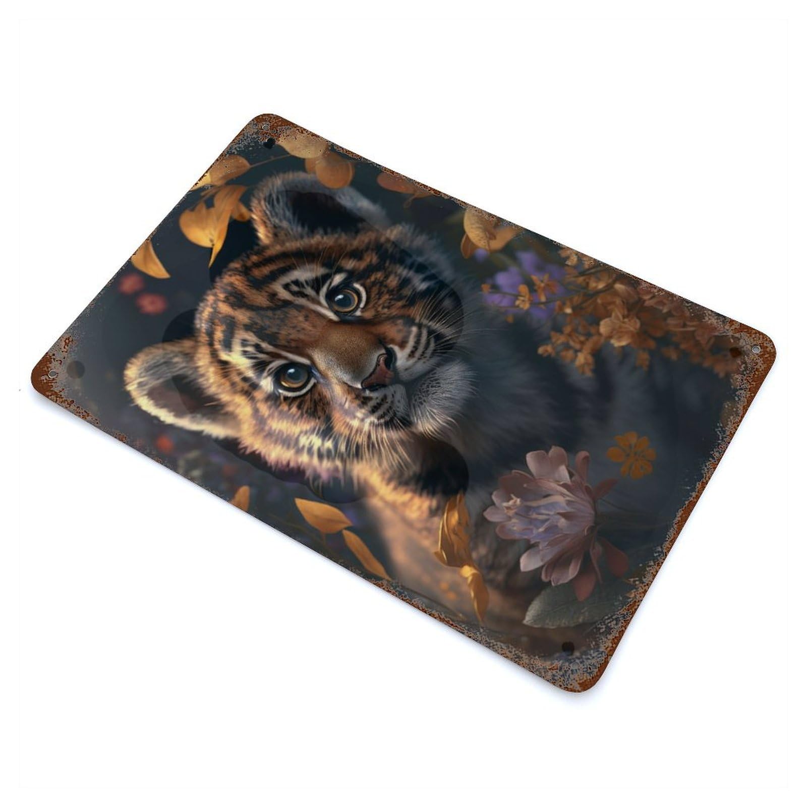Cute Little Tiger Cub Vintage Wall Sign 11.8"x7.9", Rust Effect Metal Decor for Office, Studio And Wall Decor