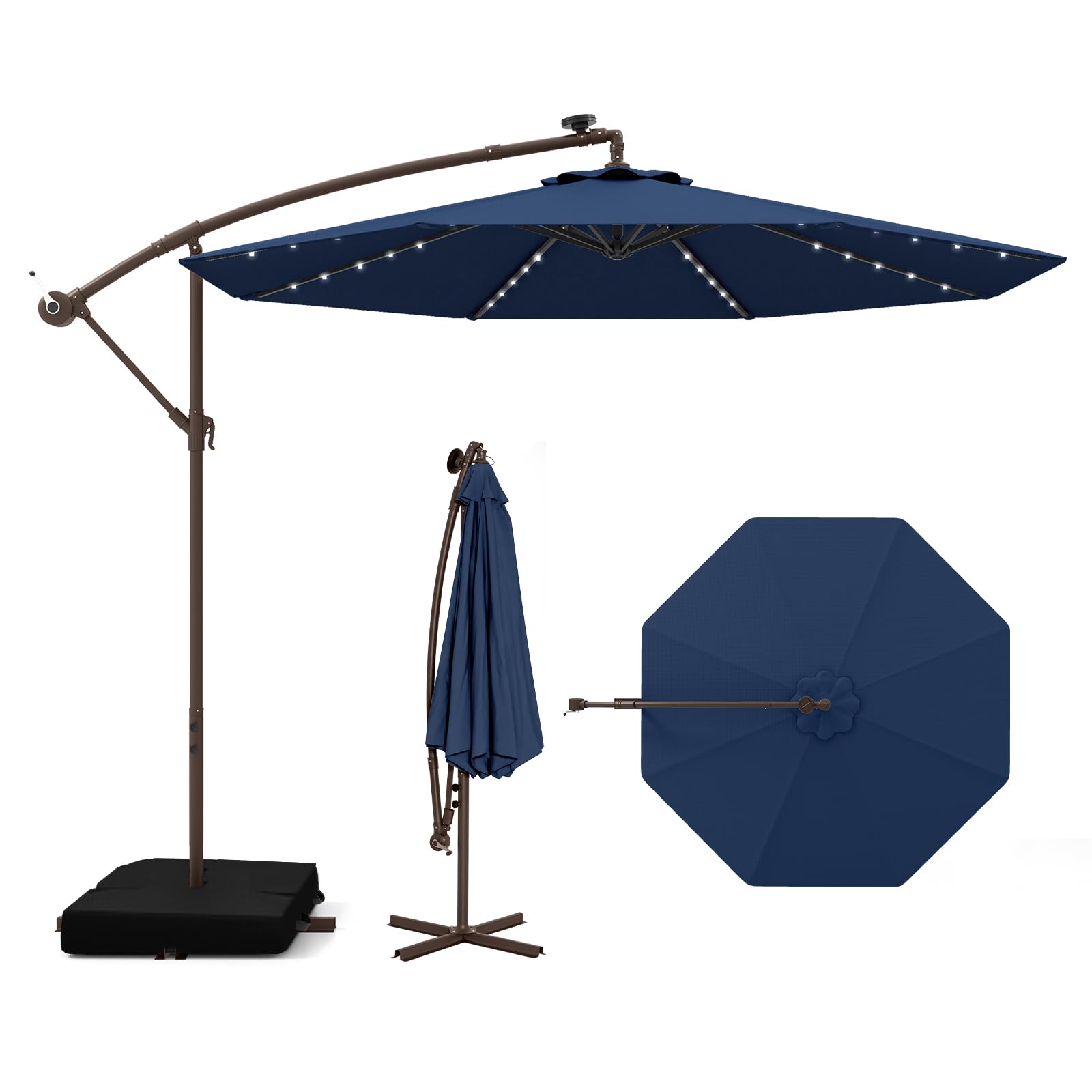 Ombrellone LED 3 m per giardino cortile piscina veranda, Ombrellone in poliestere con luci, Marrone