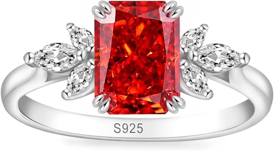 Birthstone Rings for Women 1.5ct Simulated Diamond Radiant Cut Cubic Zirconia Ring Sterling Silver Gemstone Birthstone Ring for Christmas Mothers Valentines Day Size 5-10