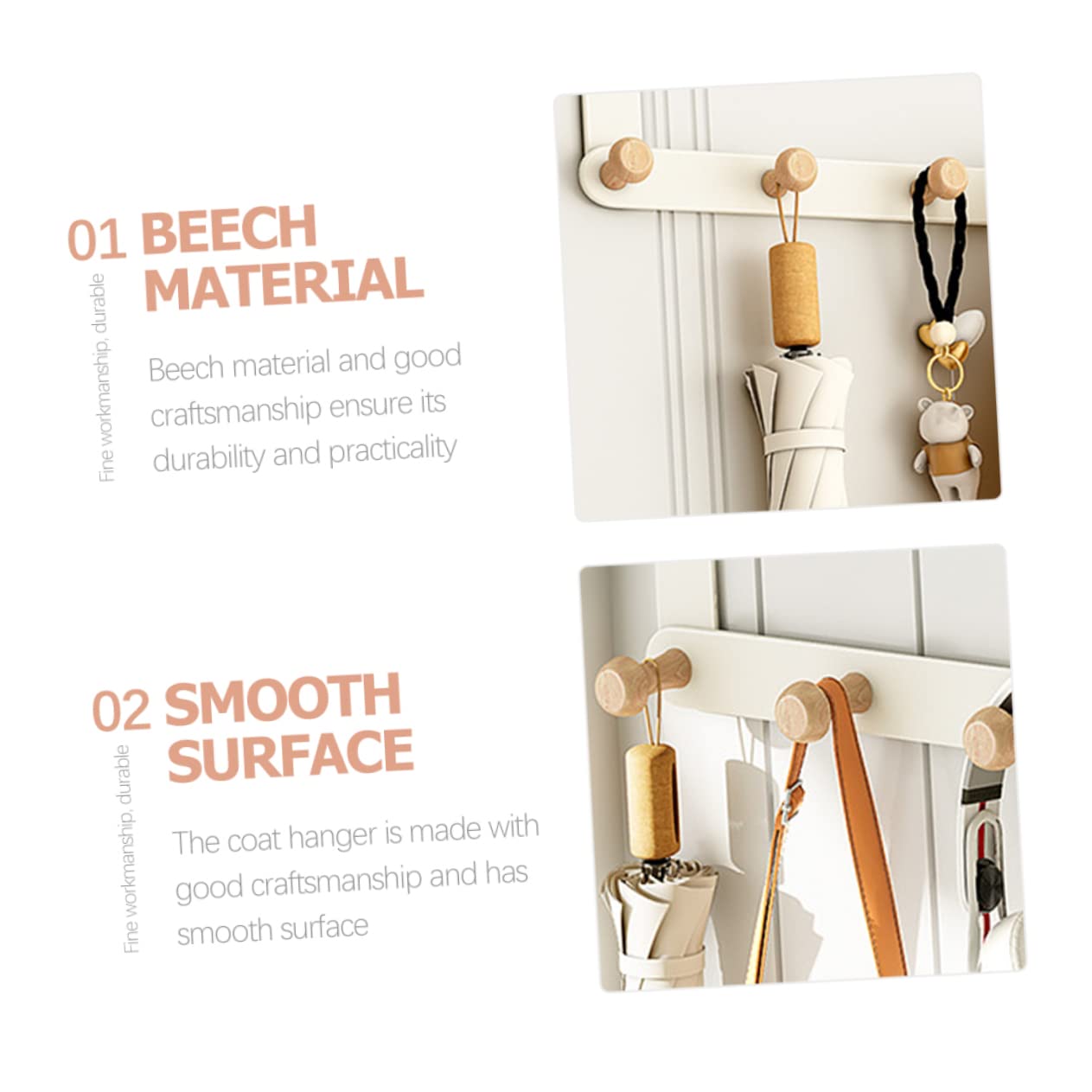 Homoyoyo Gancho para Puerta sin Taladrar, Colgador de Madera Blanco 7 Ganchos, Práctico y Ahorra Espacio para Dormitorio y Baño