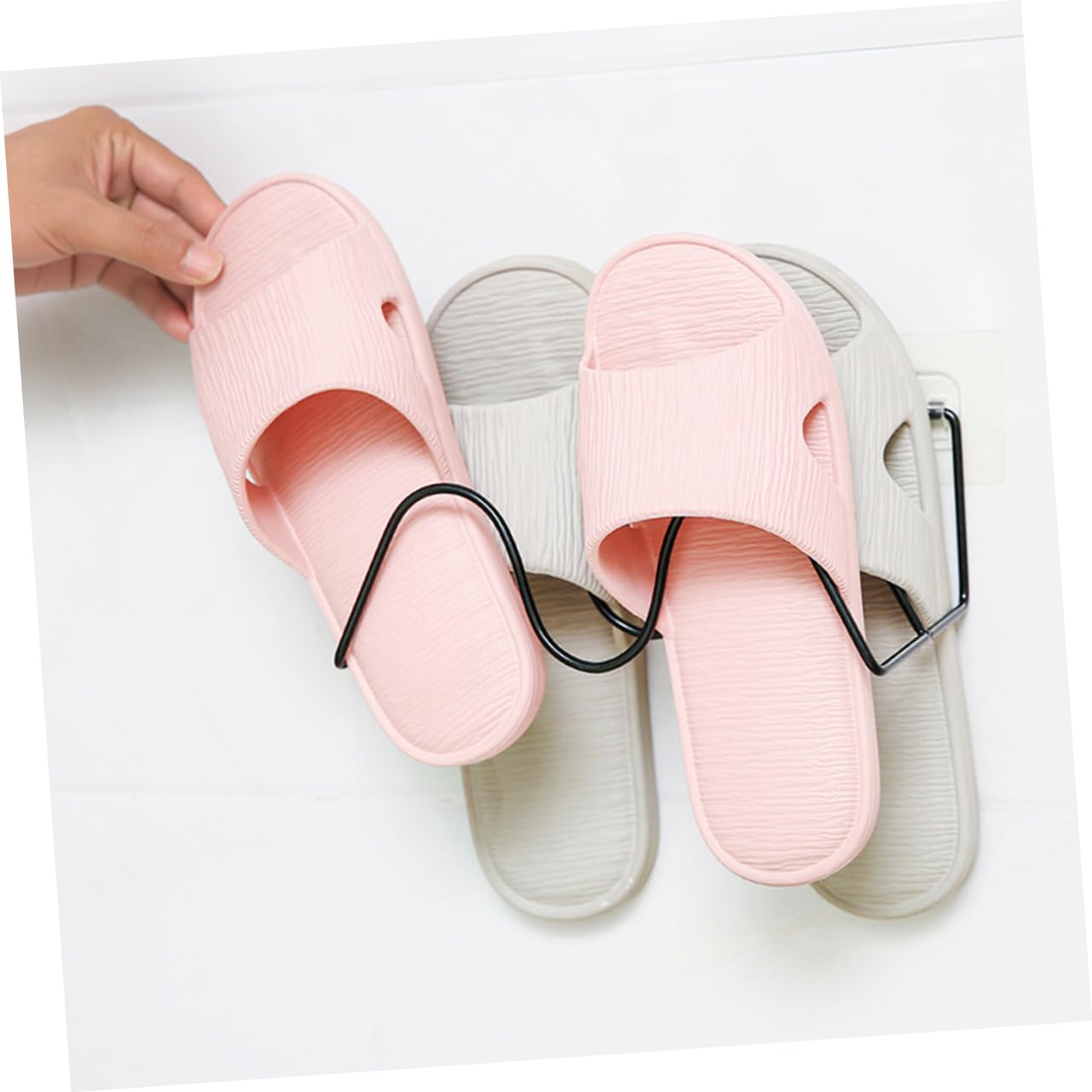 OFFSCH Double Layer Wall Mount Shoe Rack Space Saving Slippers Organizer for Home Easy Installation with Self Adhesive Hooks Heavy Duty Shelf White