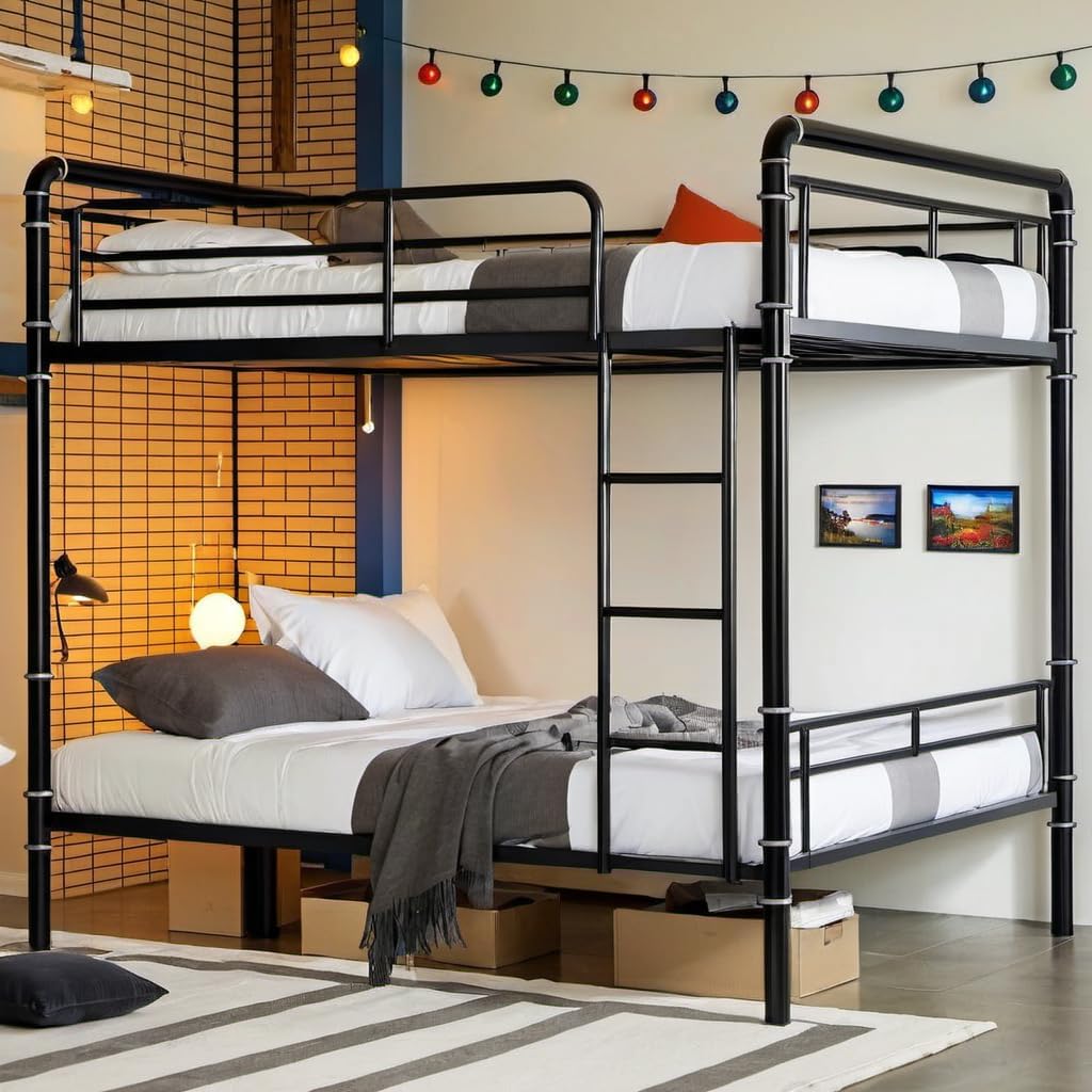 Twin Over Twin Metal Bunk Bed/Convertible Bunkbeds for Kids Teens Adults,Heavy Duty Metal Slats with Safety Guardrails and Ladders,No Spring Box Required,Black