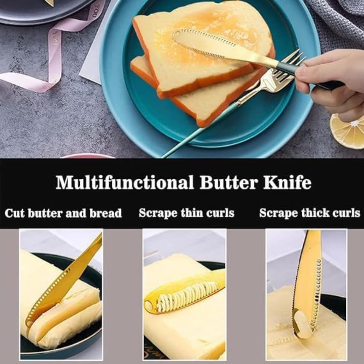 HomeAra Versatile 3-in-1 Stainless Steel Butter Knife Serrated Edge, Shredding Slots, Easy to Hold Spreader for Bread, Butter, Cheese, and Jam Slicing (Pack Of-1 Gold Black) 3