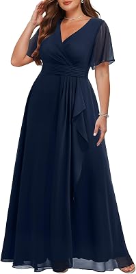 Talisea Plus Size Formal Dresses - Wedding Guest Bridesmaid Evening Prom Chiffon V Neck Ruffle Short Sleeves Long Dress Women