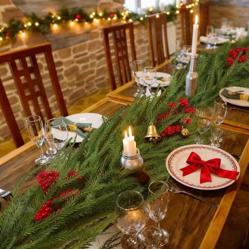 9ft christmas garland 2pcs, real touch artificial norfolk pine garlands, christmas greenery garland for mantle staircase banister fireplace wall door table indoor outdoor holiday xmas decortions