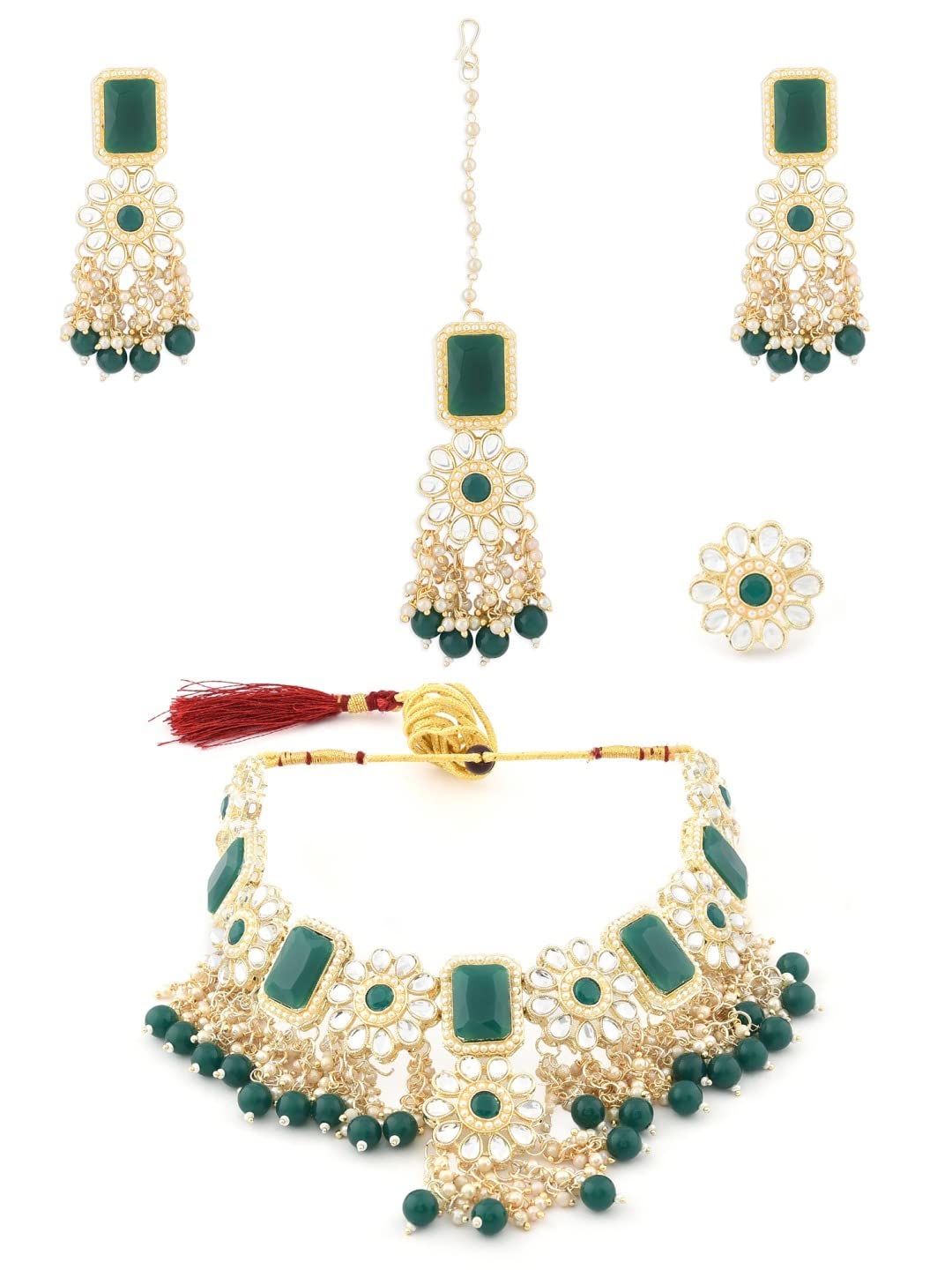 ZAVERI PEARLS Green Stones & Beads Bridal Kundan Necklace Earring Maangtikka & Ring Set For Women-ZPFK12128 (B09RG15W3S) Amazon Price History, Amazon Price Tracker