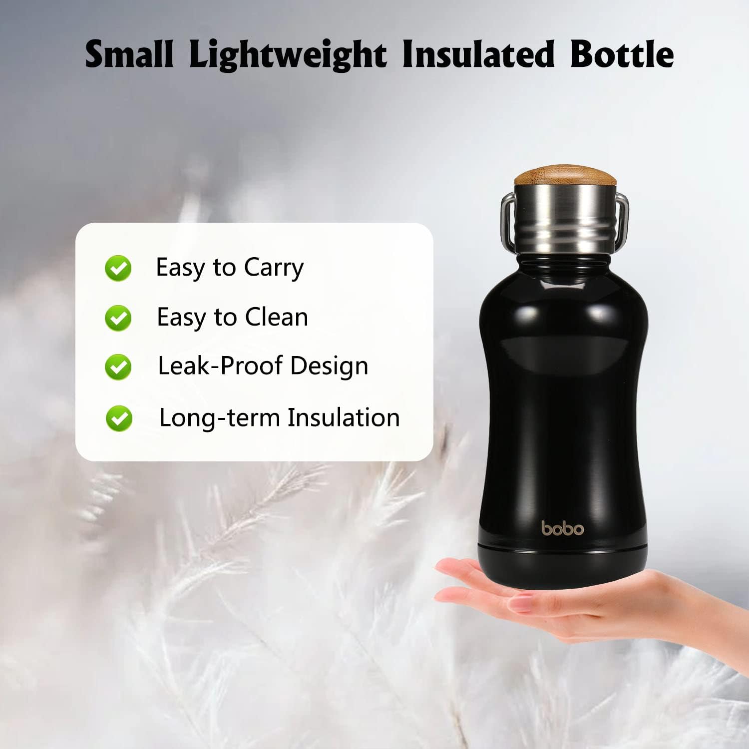 YOHKOH Mini Insulated Water Bottle With Bamboo Lid - 8.8oz Small Vacuum Insulated Water Bottle for Women Kids, 12 Hrs Hot & 24 Hrs Cold Stainless Steel Thermos Leak-Proof BPA-Free (8.8oz,Black) - Image 4