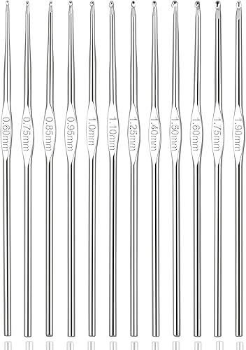 Agujas de ganchillo de tamaño pequeño de acero inoxidable QLRFFLJOY 12 ganchos de ganchillo de metal (0.024 in - 0.075 in) hilo de bordar