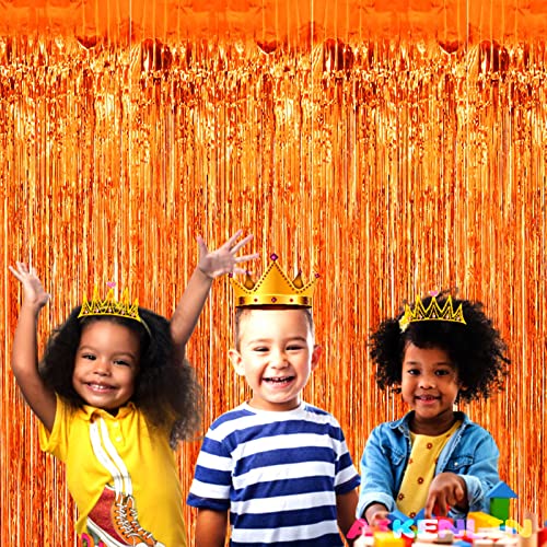 Image of 4 Pack 3.2Ft x 8.2Ft Orange Foil Fringe Curtain Backdrop, Metallic Tinsel Foil Fringe Streamers Curtains Background for Photo Booth, Birthday, Wedding, Halloween, Christmas Party Decoration