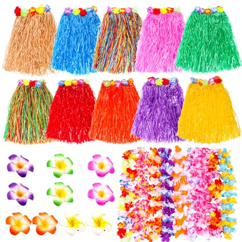 Totstio Hawaiian Grass Skirt Luau Party Decorations Hula Grass Skirts for Adults Hawaiian Leis for Tropical Party Birthday Celebration Multicolor