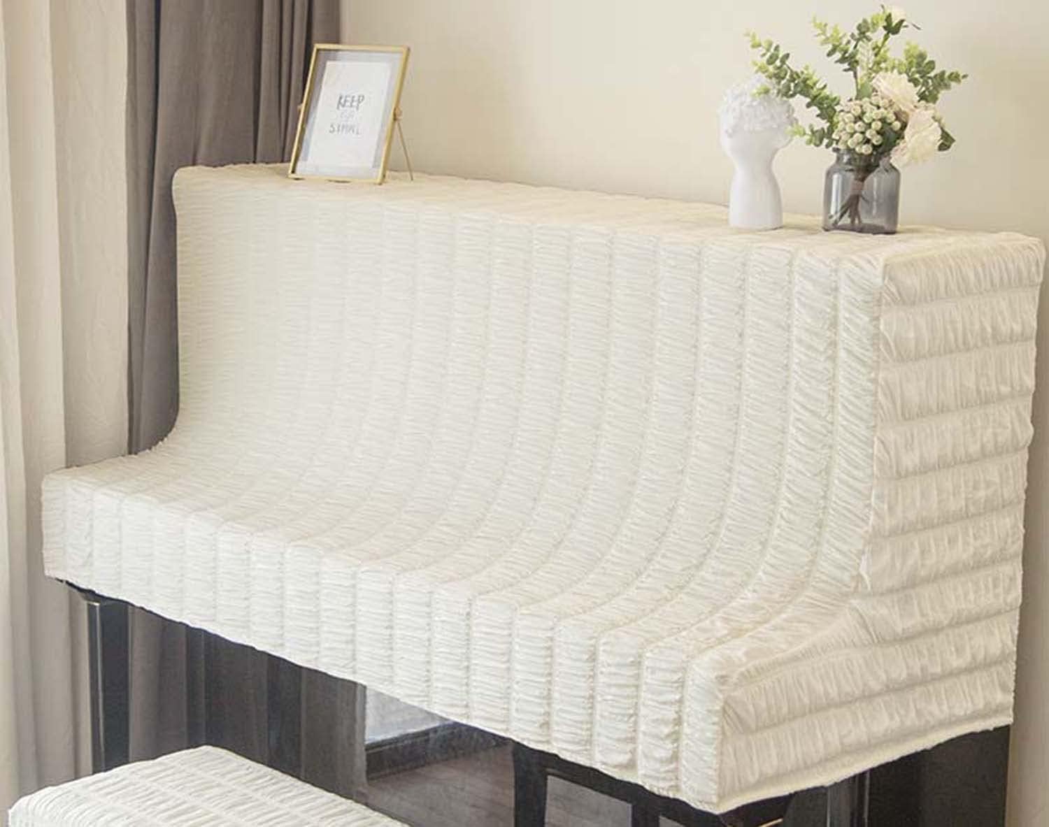 Dustproof Upright Piano Cover & Stool Protector Stretch Knitted Fabric White Fits Vertical Pianos & Stools Durable Stylish Perfect for Musicians & Home Decor