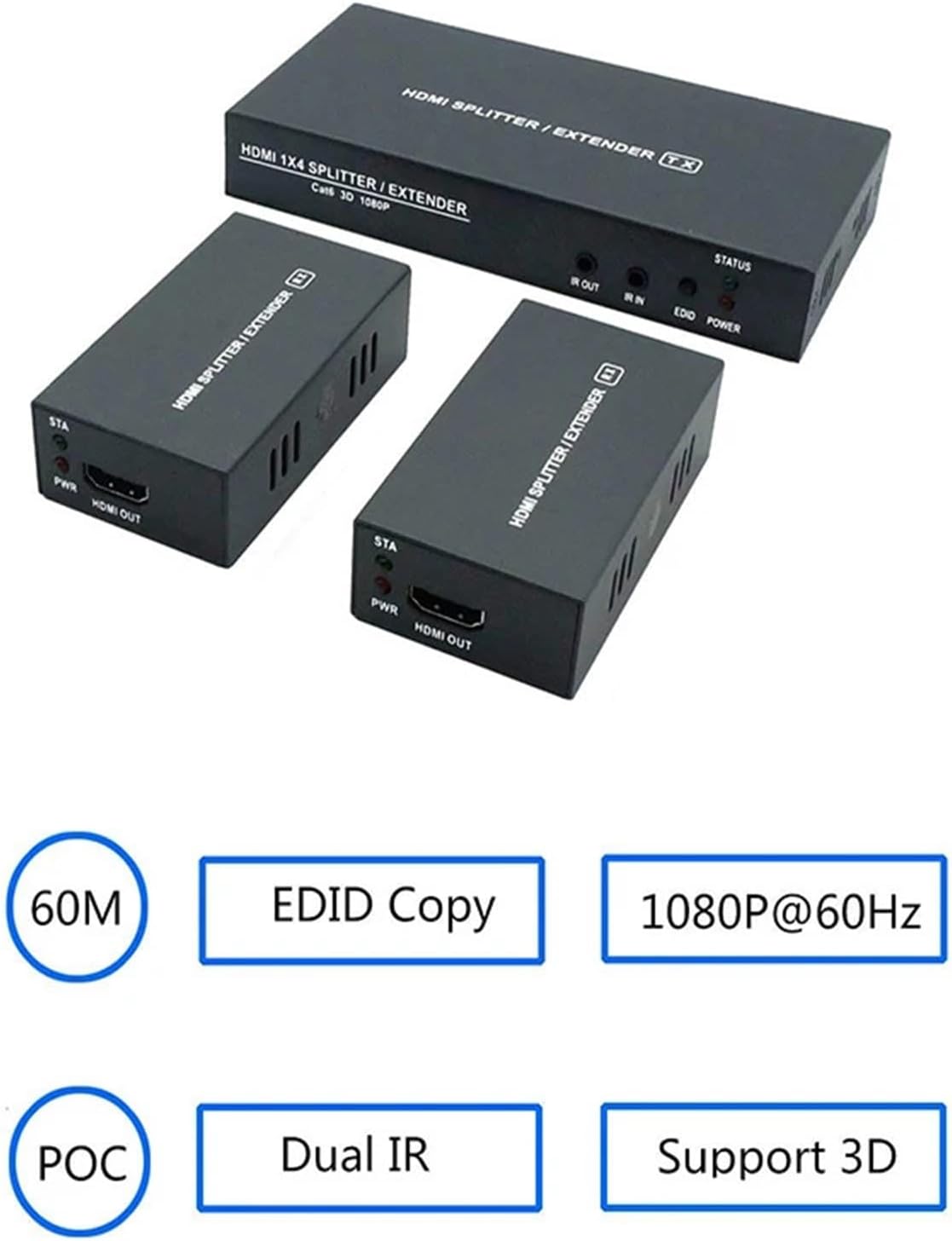 HDMI Splitter 1X2 1x4 1x7 HDMI Extender 60m 1 to 2 Over Cat5e Cat6 with 1 Hdmi Input 2 RJ45 Output Full HD1080P/4K(1TX and 2RX (1080P),US Plug)