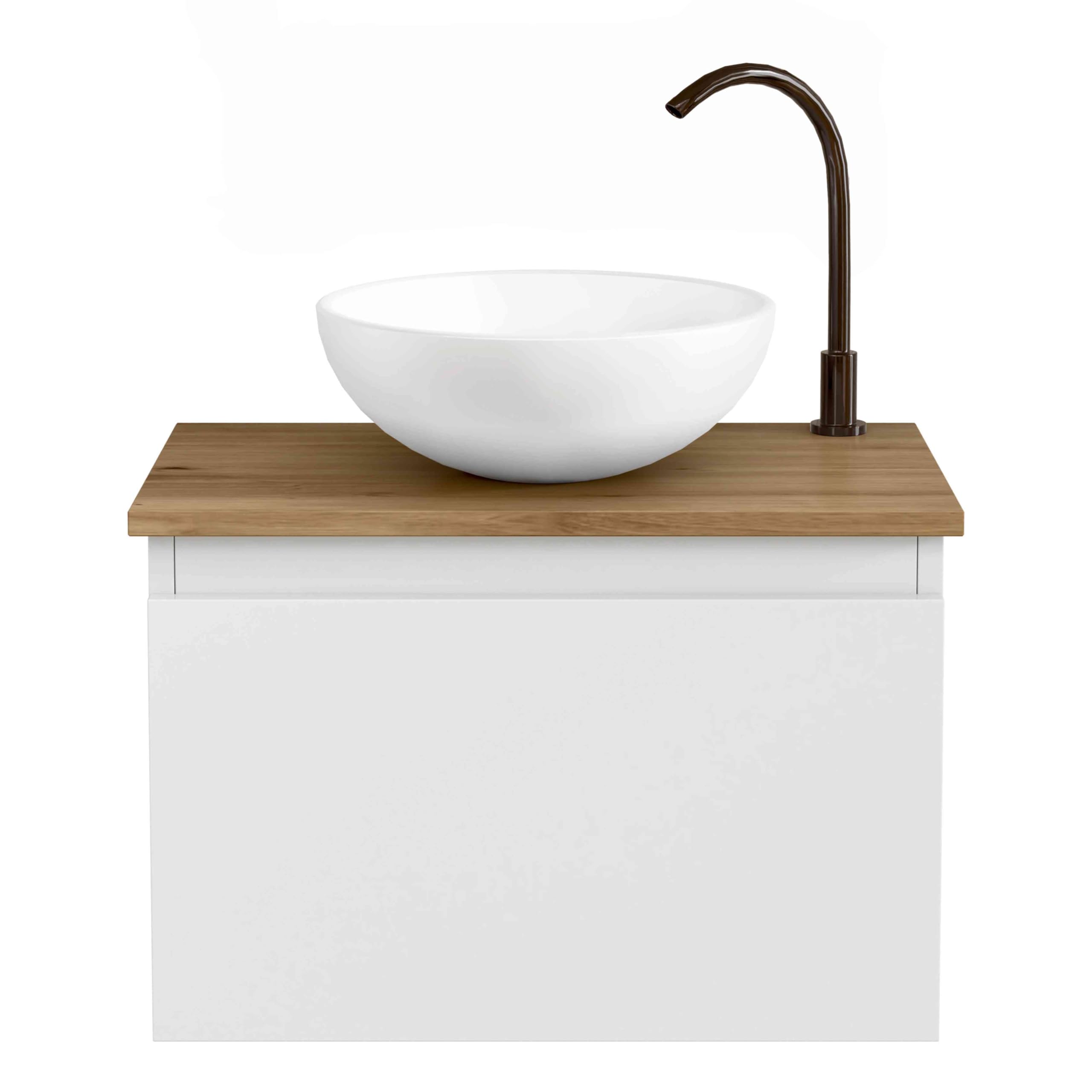BELLOBATH - Mueble Baño Suspendido con Lavabo de Cerámica Redondo, Mueble Baño con Lavabo Montado con 1 Cajón, 49,5 x 32 x 30 cm, Mueble Blanco/Roble