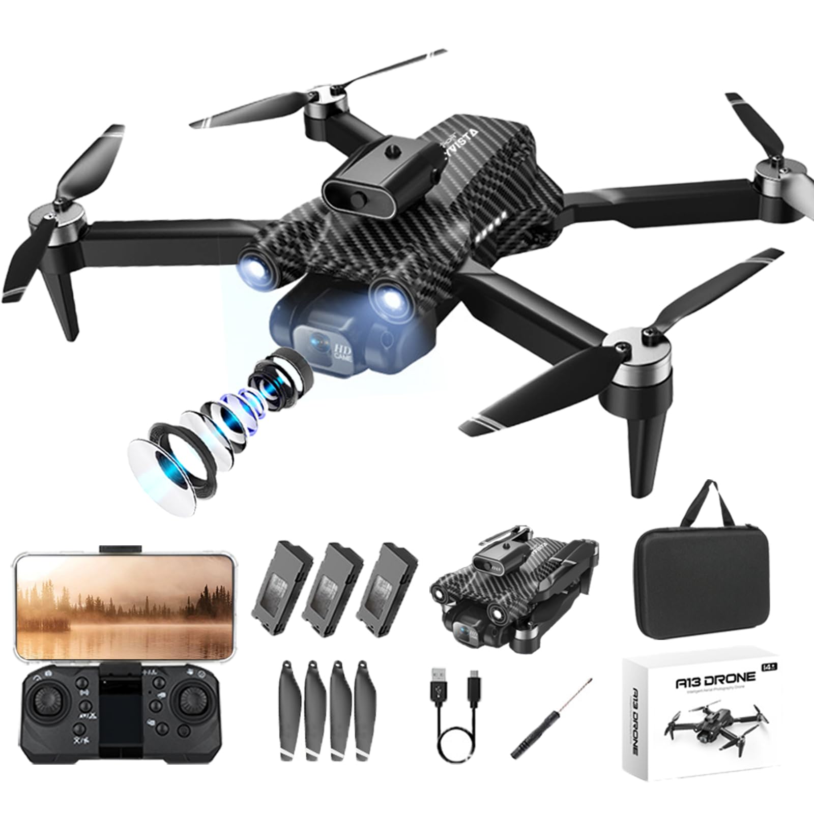 FLYVISTA Mini Drone with Camera for Adults Kids, Brushless Motor 1080P WiFi FPV Camera Drone with 3 Batteries, One-Click Take Off/Landing, Altitude Hold, Headless Mode, 360° Flips, 90° Electric Adjustable Lens, Emergency Stop, Gift for Kids and Adult