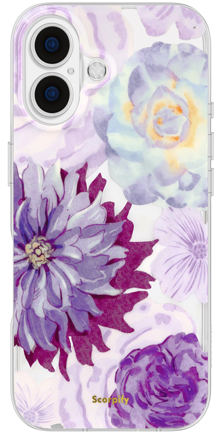 SCORPIFY for iPhone 17 Case [Compatible with MagSafe] with Purple Zinnia Floral Design, Cute Clear Magnetic Phone Cover for Women Girls, [10FT MIL-Grade Drop Protection] Slim Stylish Bumper