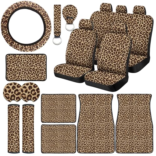 21 Pcs Leopard Print Printing Car Seat Cover Full Set Car Steering Wheel Cover Center Console Armrest Pad Headrest Seat Belt Cover Handbrake Cover Keychain And Foot Mat Full Set Car SUV(Brown)