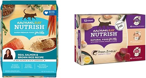 Rachael Ray Nutrish - Alimento seco para gatos con salmón y arroz integral, 14 libras, paquete variado de 2.8 onzas (paquete de 12) paquete de