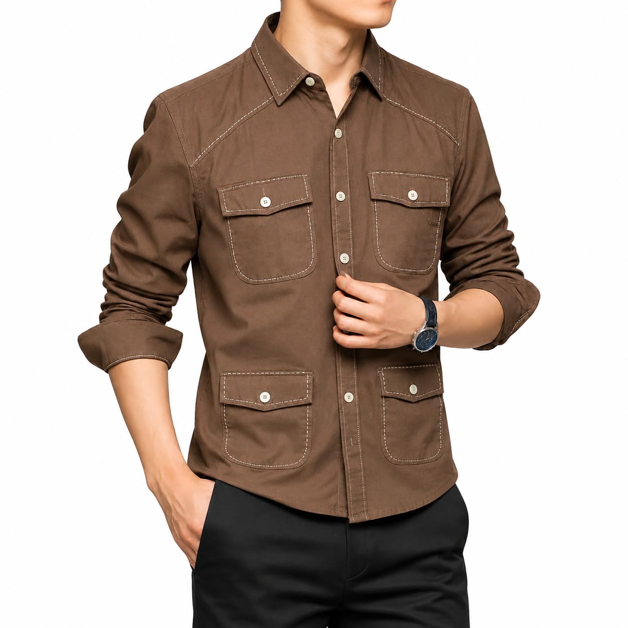 Men's Long Sleeve Cargo Shirt with 4 Pockets, Brown-image-0