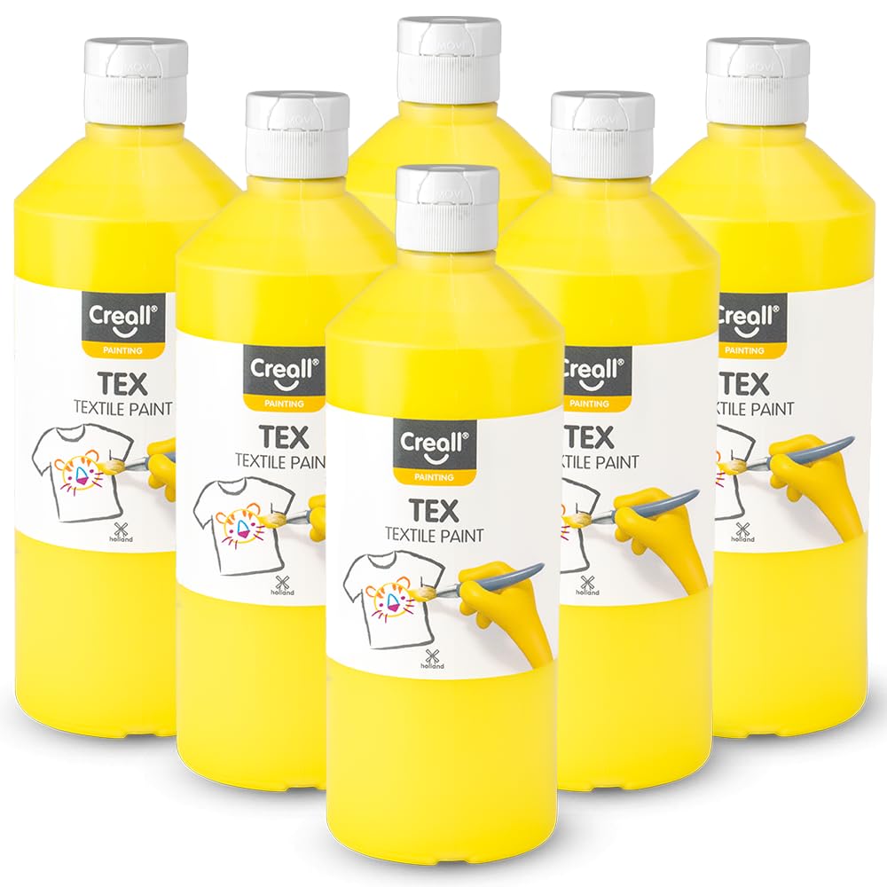 Creall Textil- & Stoffmalfarbe | Gelb 6 x 500 ml | Waschmaschinenfest nach Fixierung | Für T-Shirts, Jeans, Schuhe, Stofftaschen, Möbel & Autoinnenraum/Dachhimmel