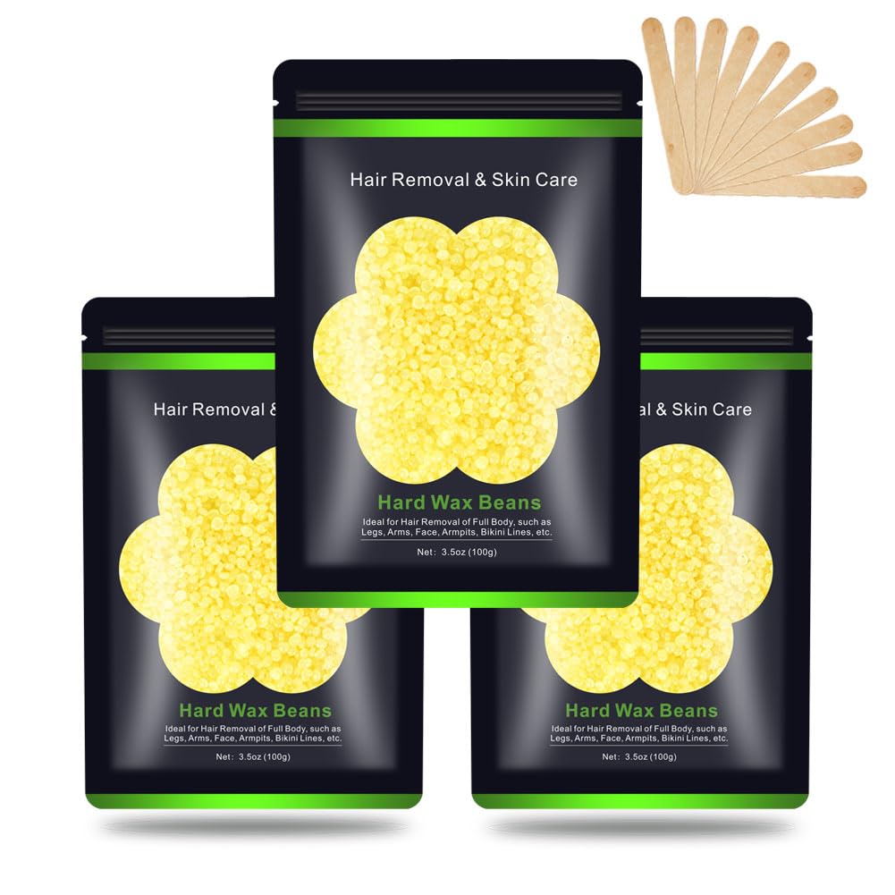 Wax Beads for Hair Removal 10.5oz/ 300g, Auperwel Hard Wax Beans for Brazilian, Face, Bikini, Eyebrow, Legs, At Home Painless Waxing Beads for Women Men 3 packs