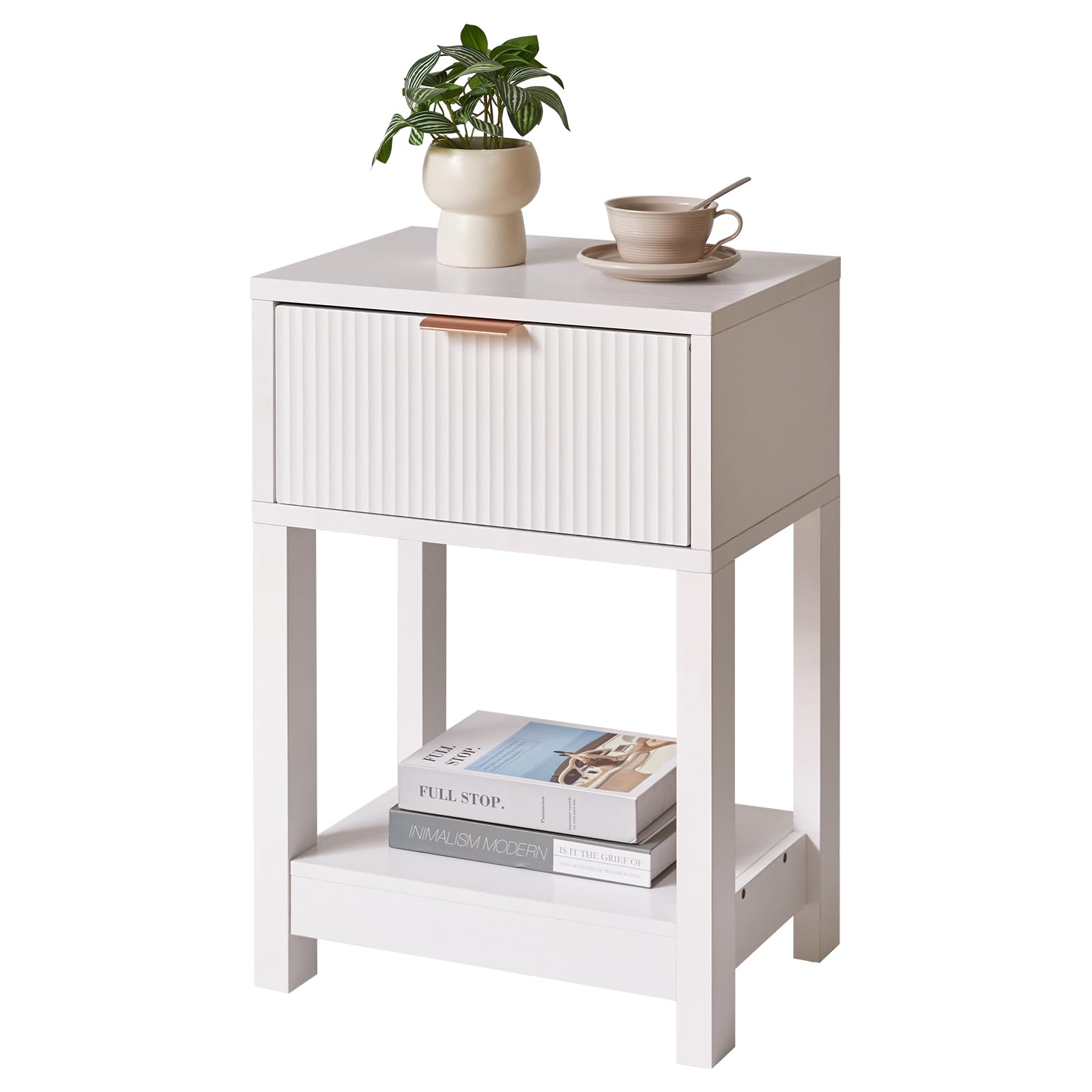 Aibiju Bedside Table with Storage Drawers and Open Wood Shelf, Night Stand with Metal Handle, End Tables Side Tables for Living Room, Bedroom White YD-TM065W