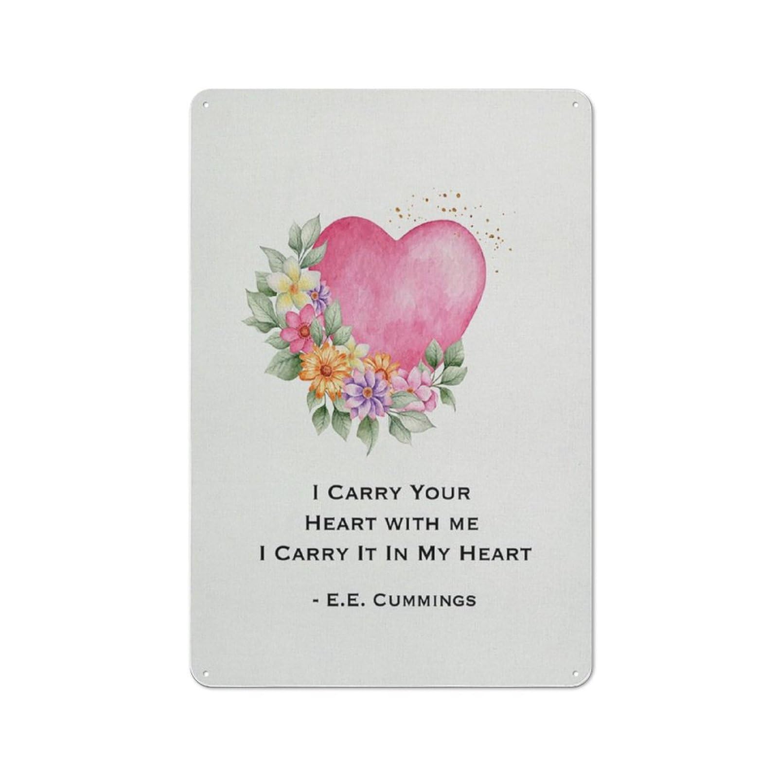 Rustic Metal Tin Sign, Heart Flower Love Quote Wall Art, Romantic Home Decor Painting 12x8 Inch